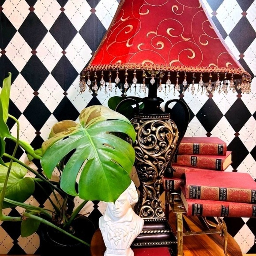 Moody Vintage Table Lamp with Deep Burgundy‎ Shade| Ornate Baroque Decor
